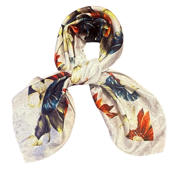Vintage Accessories - Vintage Floral Print White Satin Silk 31” Square Scarf - Women’s Accessory
